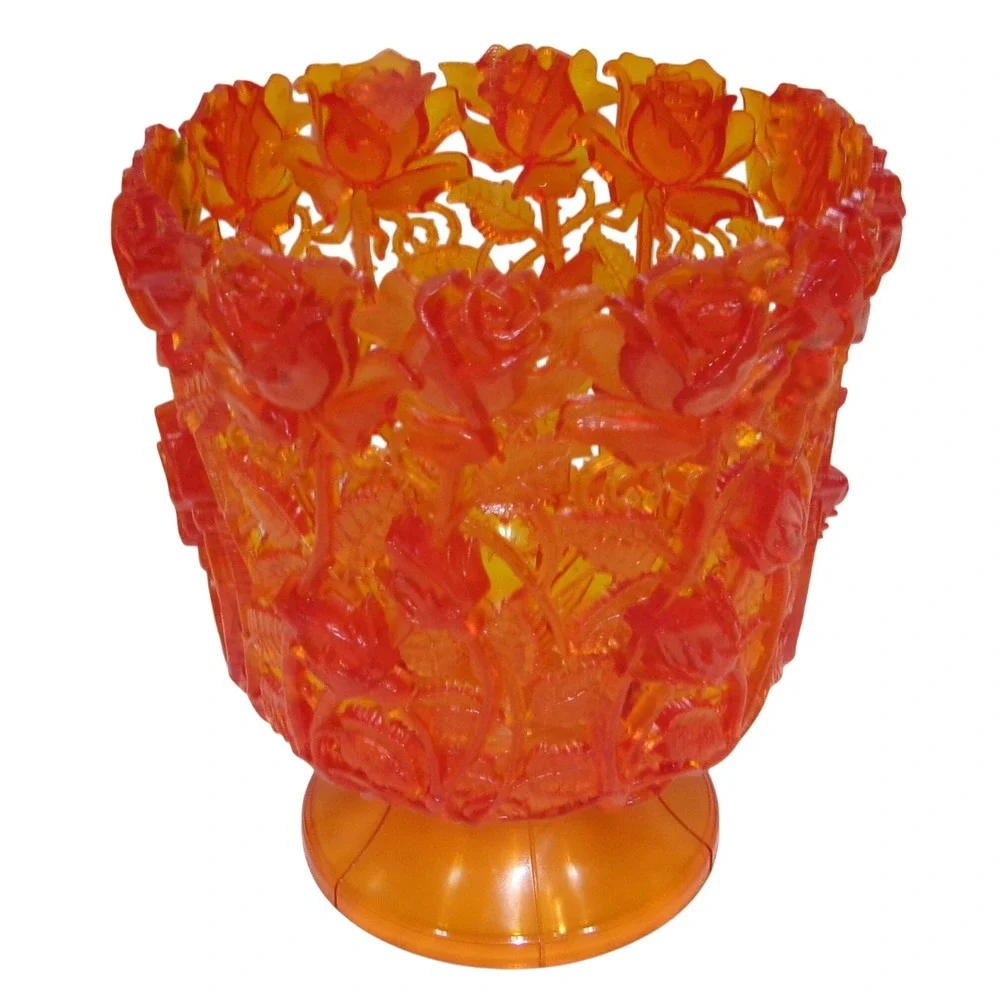 60s Orange Translucent Resin Molded Rose Openwork Pedestal Decorative Vase Pot
